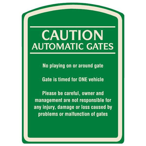 Caution Automatic Gates Designer Sign, Ivory On Green, 16 X 22