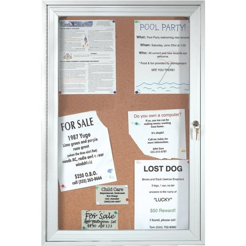 Enclosed Indoor Cork Bulletin Board, Aluminum Frame, Acrylic Door, 24 X 36"