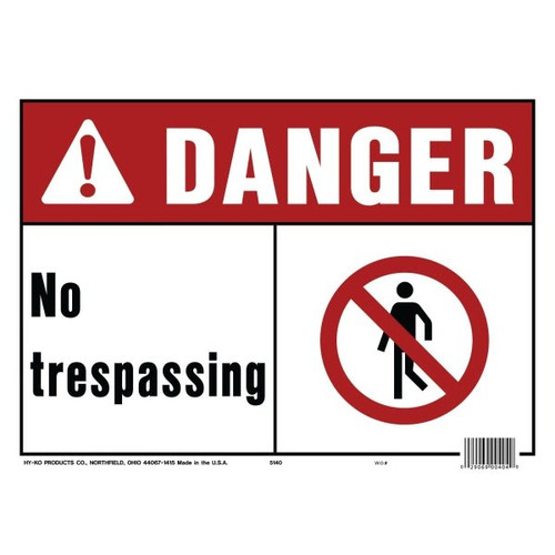 Hy-Ko "Danger No Trespassing" Sign, Polyethylene, 14 X 10", Package Of 5