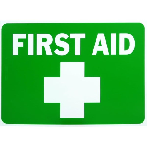Hy-Ko "First Aid" Sign, Green/White, Polyethylene, 14 X 10"