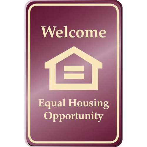Welcome Equal Housing Interior Sign, Ivory On Burgundy, 6 X 9