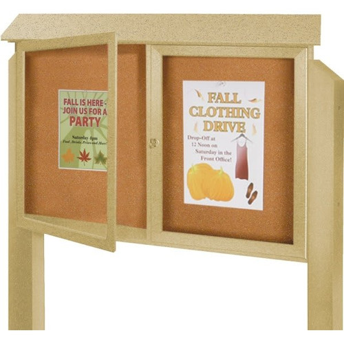 Enclosed Double Door Outdoor Corkboard, Post Mount, Sand, 52" X 40"
