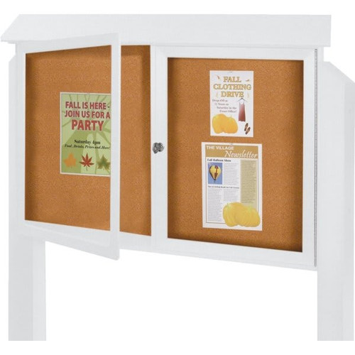 Enclosed Double Door Corkboard, Post Mount, White, 45" X 3'6"