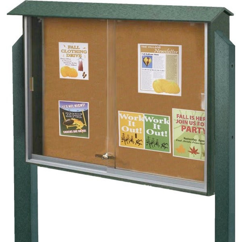 Enclosed Double Door Outdoor Message Board, Post Mount, Woodland Green, 45" X 3 Ft. 6"