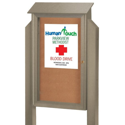 Enclosed Single Door Outdoor Corkboard, Post Mount, Sand, 38 X 54"
