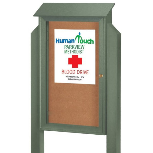 Enclosed Single Door Corkboard, Post Mount, Green, 26 X 42"