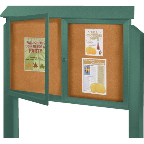 Enclosed Double Door Corkboard, Post Mount, Green, 52 X 40"