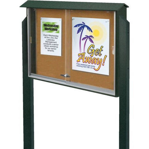 Enclosed Sliding Door Corkboard, Post Mount, Green, 45" X 3'6"
