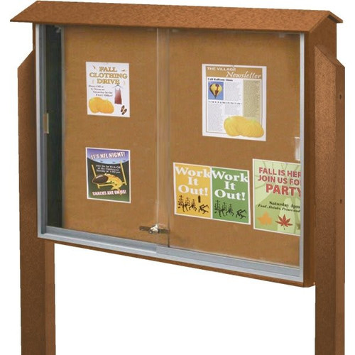 Enclosed Sliding Door Outdoor Corkboard, Wall Mount, Cedar, 52 X 40"