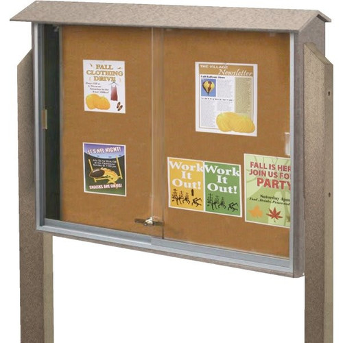 Enclosed Sliding Door Corkboard, Post Mount, Sand, 52 X 40"