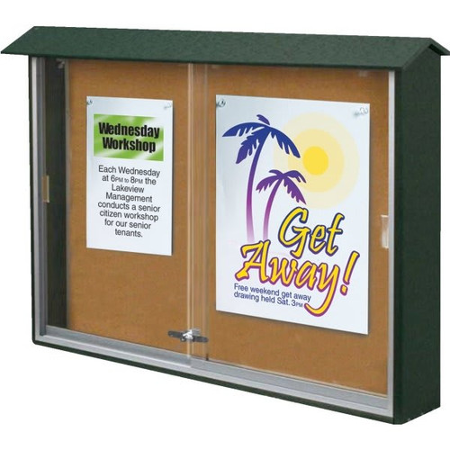 Enclosed Sliding Door Indoor Corkboard, Wall Mount, Woodland Green, 45" X 3'6"