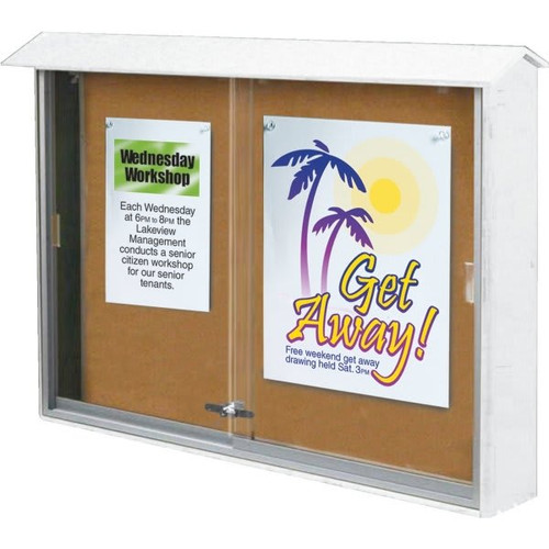 Enclosed Sliding Door Indoor Corkboard, Wall Mount, White, 45" X 3'