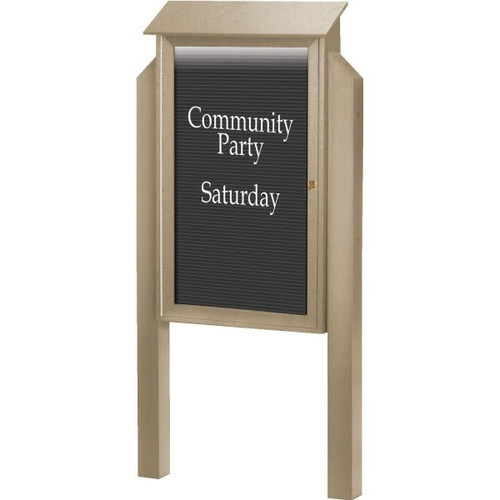 Enclosed Single Door Outdoor Letter Board, Light Post, Weathered Wood, 32 X 48"