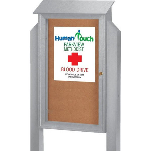 Enclosed Single Door Outdoor Corkboard, Light Post, Light Gray, 32 X 48"