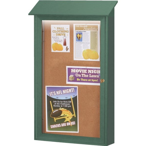 Enclosed Single Door Corkboard, Lighted Wall Mount, Woodland Green, 32 X 48"