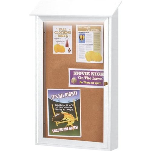 Enclosed Single Door Corkboard, Lighted Wall Mount, White, 26 X 42"