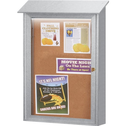 Enclosed Single Door Corkboard, Lighted Wall Mount, Light Gray, 38 X 54"