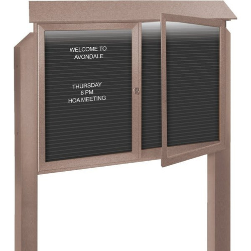 Enclosed Double Door Letter Board, Light Post, Weathered Wood, 45" X 3'6"
