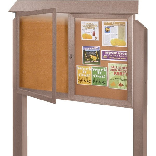 Enclosed Double Door Corkboard, Lighted Post Mount, Weathered Wood, 52 X 40"