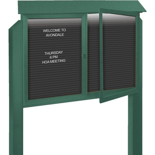 Enclosed Double Door Outdoor Letter Board, Lighted Post Mount, Green, 52 X 40"