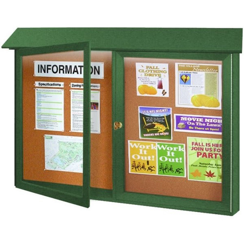 Enclosed Double Door Corkboard, Lighted Wall Mount, Woodland Green, 45" X 3'6"