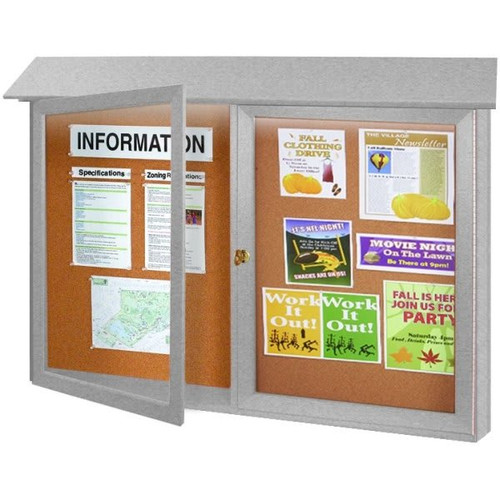 Enclosed Double Door Corkboard, Lighted Wall Mount, Gray, 45" X 3'