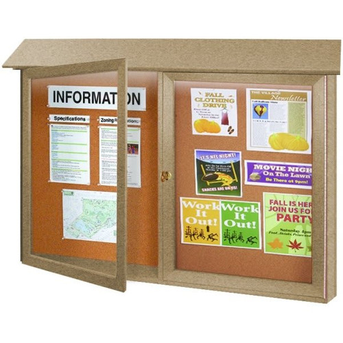 Enclosed Double Door Corkboard, Lighted Wall Mount, Sand, 45" X 3'