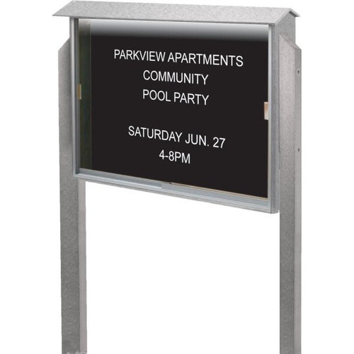 Enclosed Sliding Door Outdoor Letter Board, Lighted Post Mount, Gray, 45" X 3'