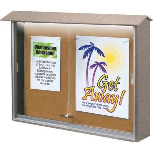 Enclosed Sliding Door Corkboard, Lighted Wall Mount, Sand, 45" X 3'6"