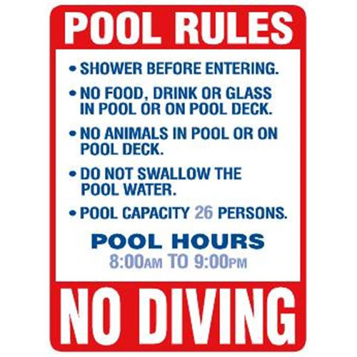 Semi-Custom Pool Rules Sign, Non-Reflective, 18 X 24