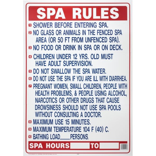 Hy-Ko "Spa Rules" - Spa Safety Sign, Florida Regulations, Polyethylene, 20 X 28"
