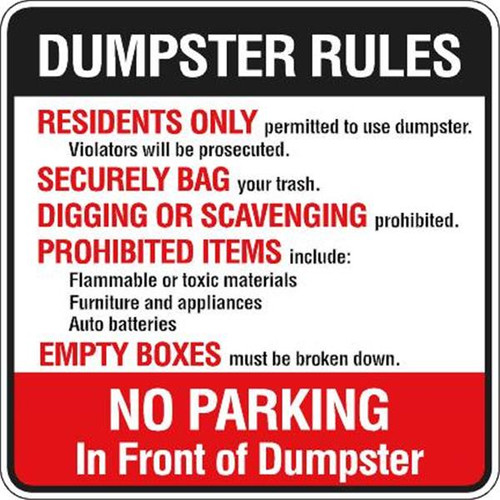 Dumpster Rules Sign, Aluminum, Reflective, 24 X 24"