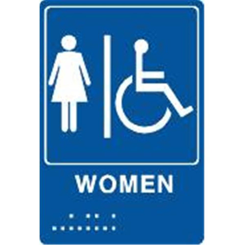 Braille Restroom Sign "Women" And Handicapped Symbol, Blue/White 6 X 9", Plastic