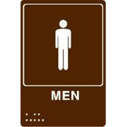 Braille Restroom Sign "Men", Brown/White, 6 X 9", Plastic