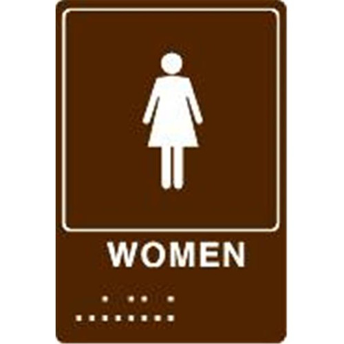Braille Restroom Sign "Women", Brown/White, 6 X 9", Plastic