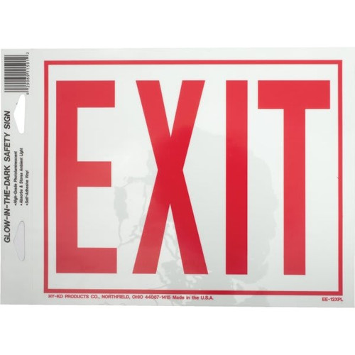 Hy-Ko "Exit" Safety Sign, Photoluminescent Vinyl, 8 X 10"