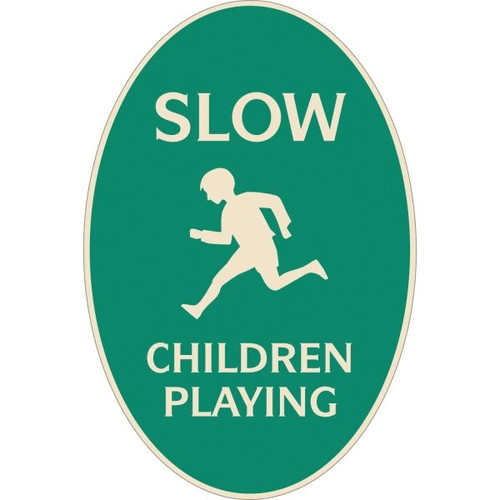 Slow/Children Playing Oval Designer Sign, Ivory On Green, 12 X 18