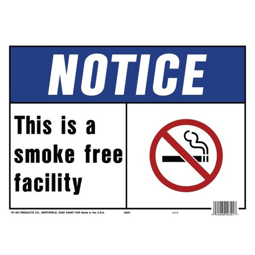 Hy-Ko "Notice Smoke Free Facility" Sign, Polyethylene, 14 X 10", Package Of 5