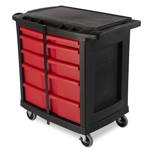 Rubbermaid Commercial, 5-Drawer Mobile Work Center / Utility Cart, Red And Black