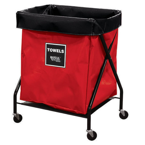 Royal Basket Trucks 6 Bushel X-Frame Cart & Red Vinyl Bag Labeled Towels