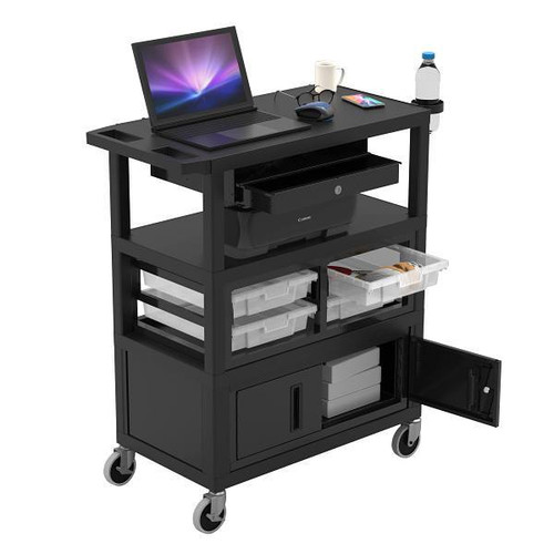 Luxor Deluxe Teacher Cart With Locking Cabinet And Keyboard Tray, 32" X 18"
