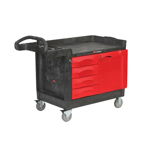 Rubbermaid Commercial Trademaster Cart/Workbench System With 4 Drawers And Cabinet, Small, Black/Red