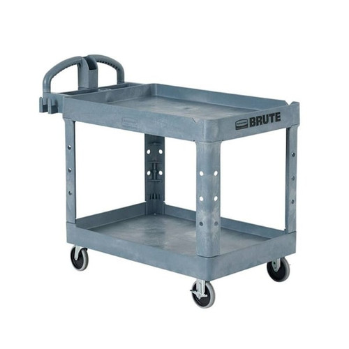 Rubbermaid Commercial BRUTE Medium Utility Cart With Ergo Handle, Heavy Duty, Lipped Shelves, 500 Lb Capacity, Gray