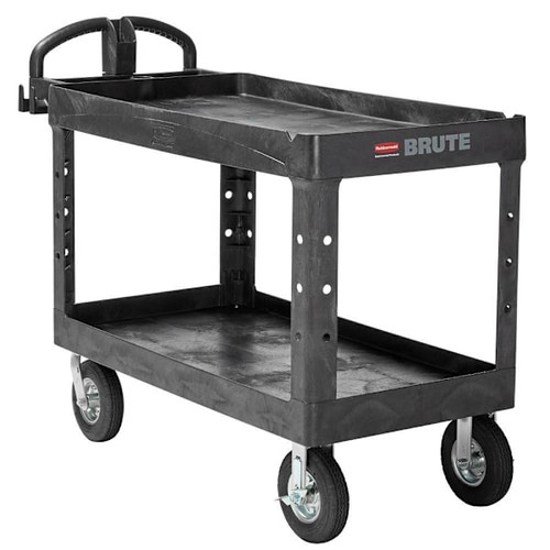 Rubbermaid Commercial BRUTE Large Utility Cart With Ergo Handle, Heavy Duty, Lipped Shelves, 750 Lb Capacity, Black FG454610BLA