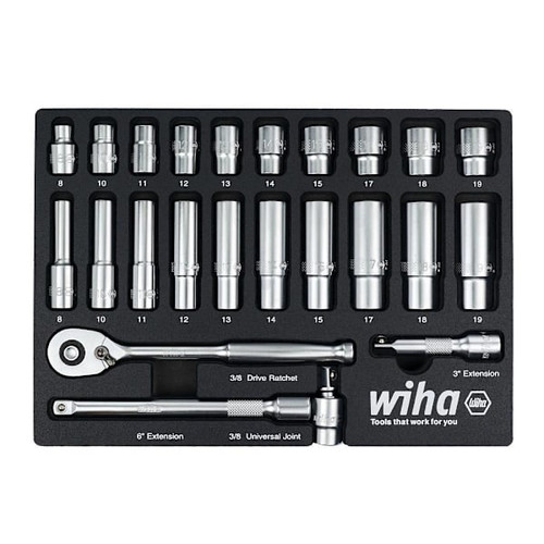 Wiha 24 Piece 3/8" Drive Professional Standard And Deep Socket Tray Set - Metric