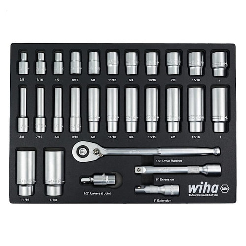 Wiha 28 Piece 1/2" Drive Professional Standard And Deep Socket Tray Set - SAE