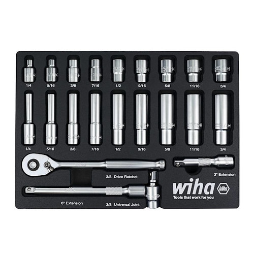 Wiha 22 Piece 3/8" Drive Professional Standard And Deep Socket Tray Set - SAE
