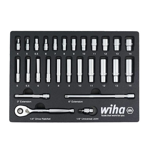 Wiha 27 Piece 1/4" Drive Professional Standard And Deep Socket Tray Set - Metric
