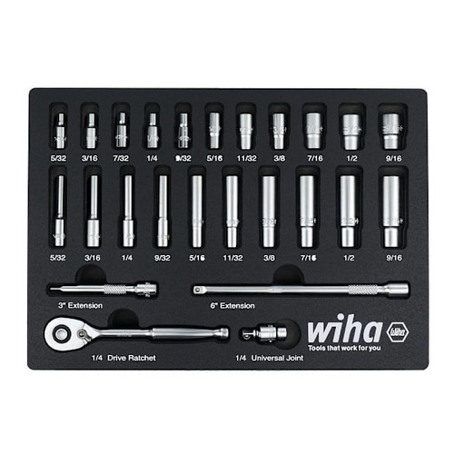 Wiha 25 Piece 1/4" Drive Professional Standard And Deep Socket Tray Set - SAE