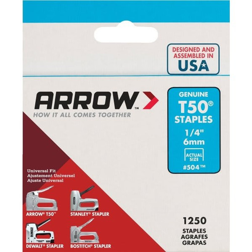 Arrow T50 1/4" Staples- Heavy Duty Steel Package Of 1250
